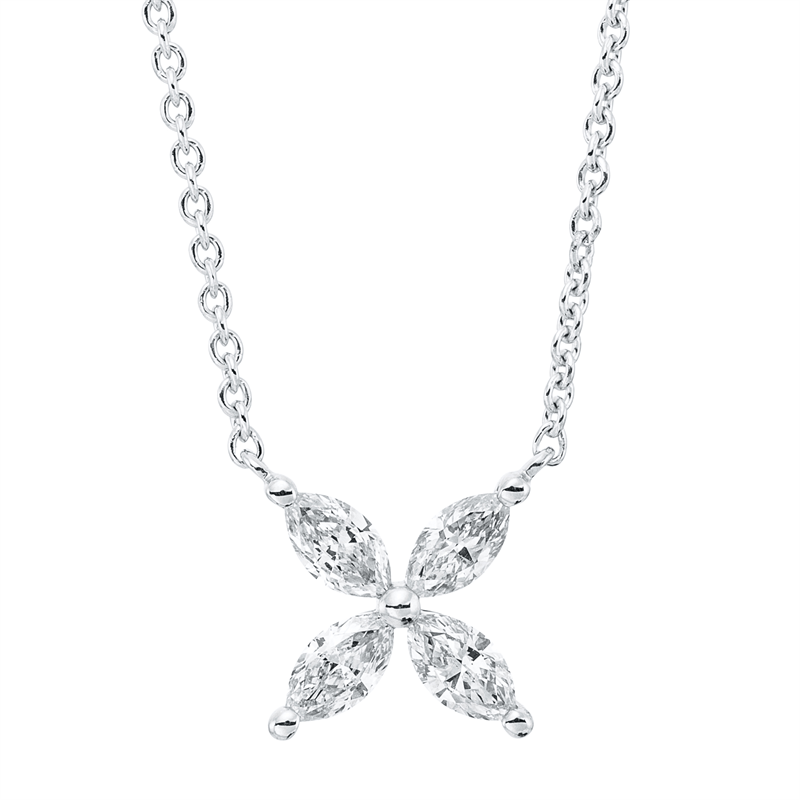 Collier 18 kt WG, mit ZÖ 40 cm + 43 cm, 4 Nav. 0,41 ct, TW-si