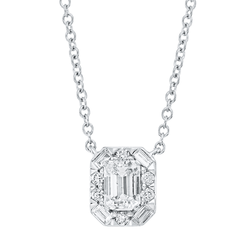 Collier 18 kt WG, mit ZÖ 38cm,40,6cm,43,2cm, 4 Bag. 0,06 ct, 1 Sm.schliff 0,43 ct, 6 Brill.0,05 ct,TW-si