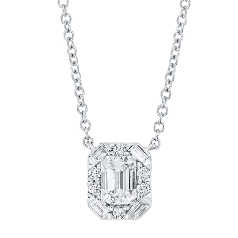 Collier 18 kt WG, mit ZÖ 38cm,40,6cm,43,2cm, 4 Bag. 0,06 ct, 1 Sm.schliff 0,43 ct, 6 Brill.0,05 ct,TW-si