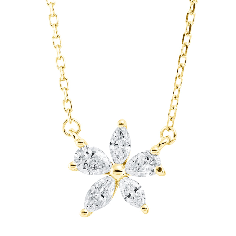 Collier 18 kt GG, mit ZÖ 40,6 cm, 3 Nav. 0,18 ct, TW-vsi, 2 Tropfen 0,16 ct, TW-vsi