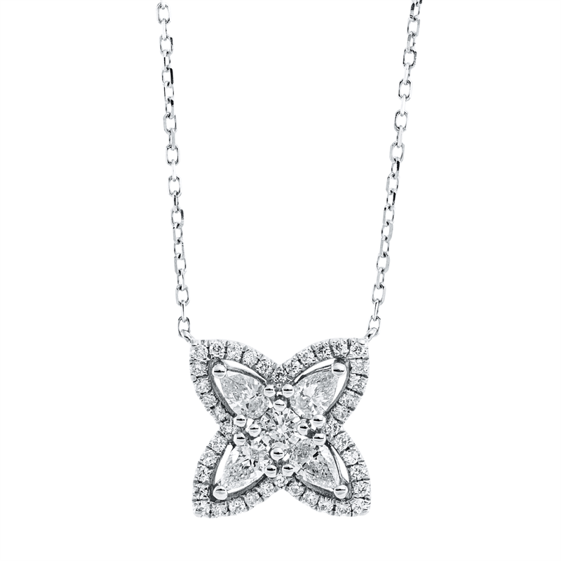 Collier 18 kt WG, mit ZÖ 40 cm, 4 Tropfen 0,32 ct, TW-vsi, 41 Brill. 0,21 ct, TW-si
