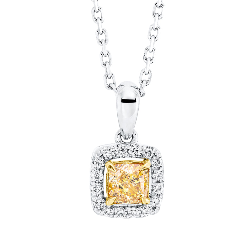 Collier 18 kt WG+GG, mit ZÖ 39,5+40,5 cm, 1 Cushion 0,31 ct, gelb, 16 Brill. 0,07 ct, TW-si