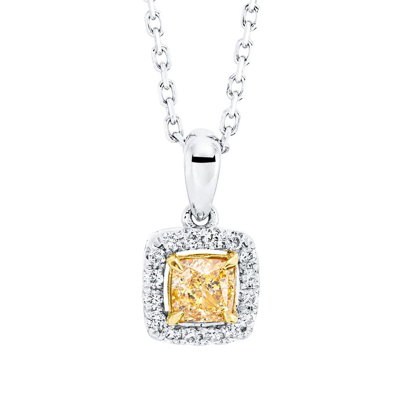 Collier 18 kt WG+GG, mit ZÖ 39,5+40,5 cm, 16 Brill. 0,07 ct, TW-si, 1 Cushion 0,31 ct, gelb
