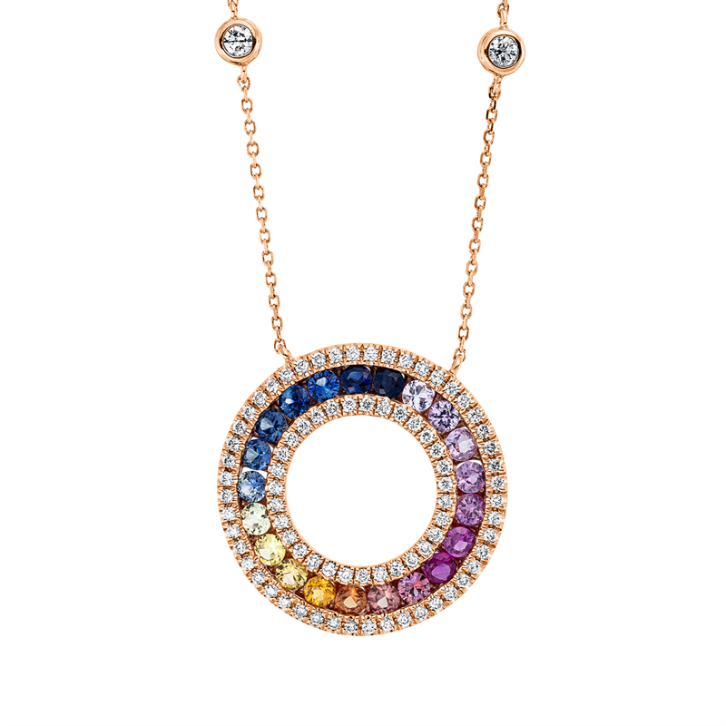 Collier 18 kt RG, mit ZÖ 40 cm, 81 Brill. 0,43 ct, TW-si, 21 Saphire 1,04 ct fancy