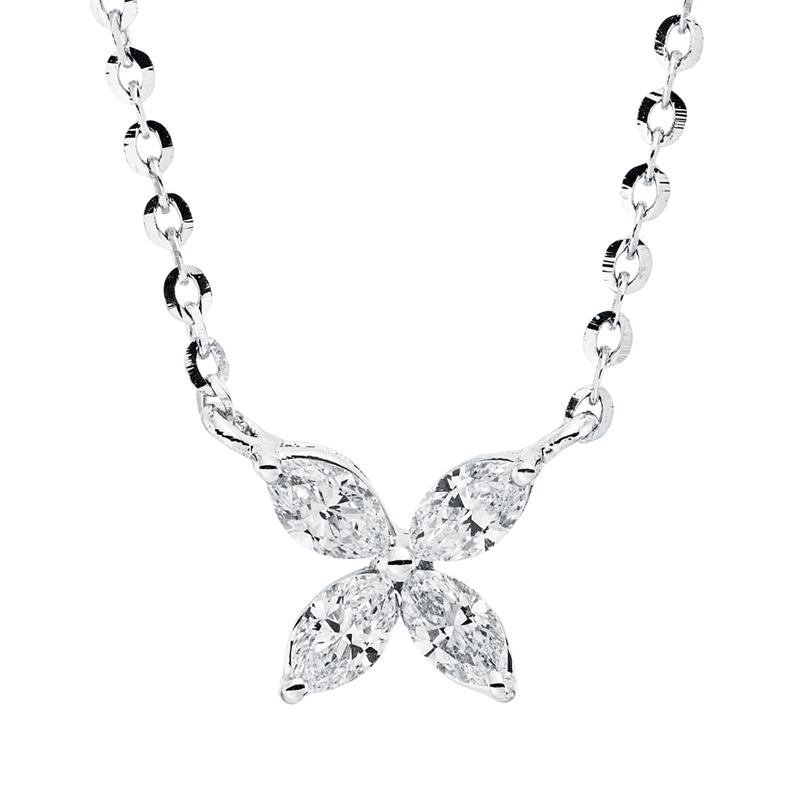 Collier 18 kt WG, mit ZÖ 40,6 cm, 4 Nav. 0,36 ct, TW-vsi