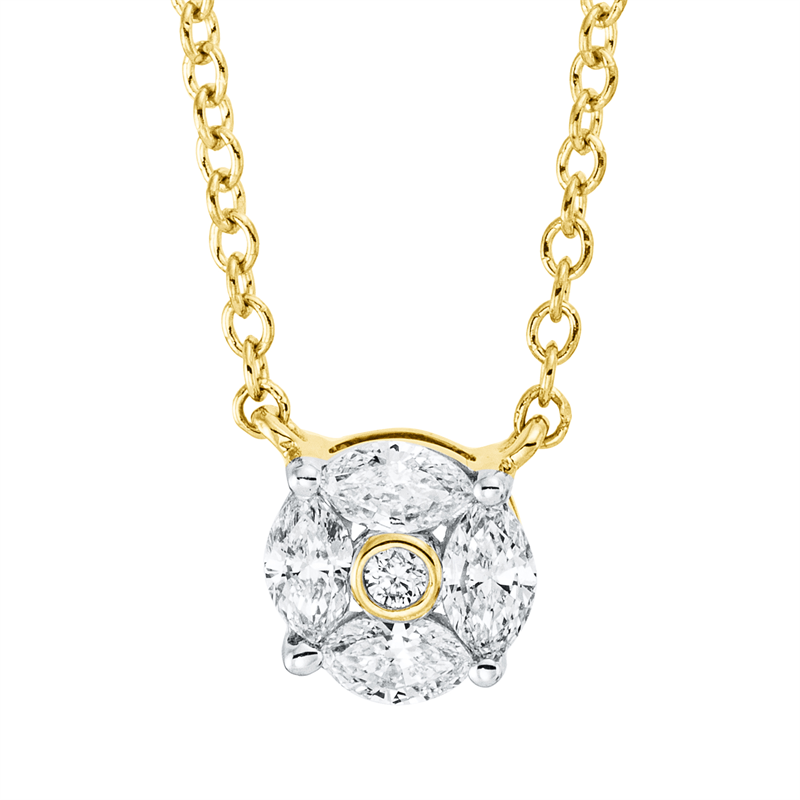 Collier 18 kt GG, ZÖ 42 cm, Fassung rhodiniert, 4 Nav. 0,25 ct, TW-si, 1 Brill. 0,01 ct, TW-si