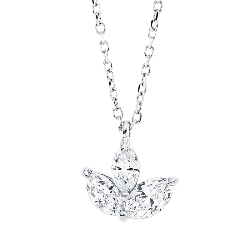 Collier 18 kt WG, mit ZÖ 40 cm + 42 cm, 1 Nav. 0,16 ct, TW-si, 1 Nav. 0,20 ct, TW-si, 1 Nav. 0,10 ct, TW-si