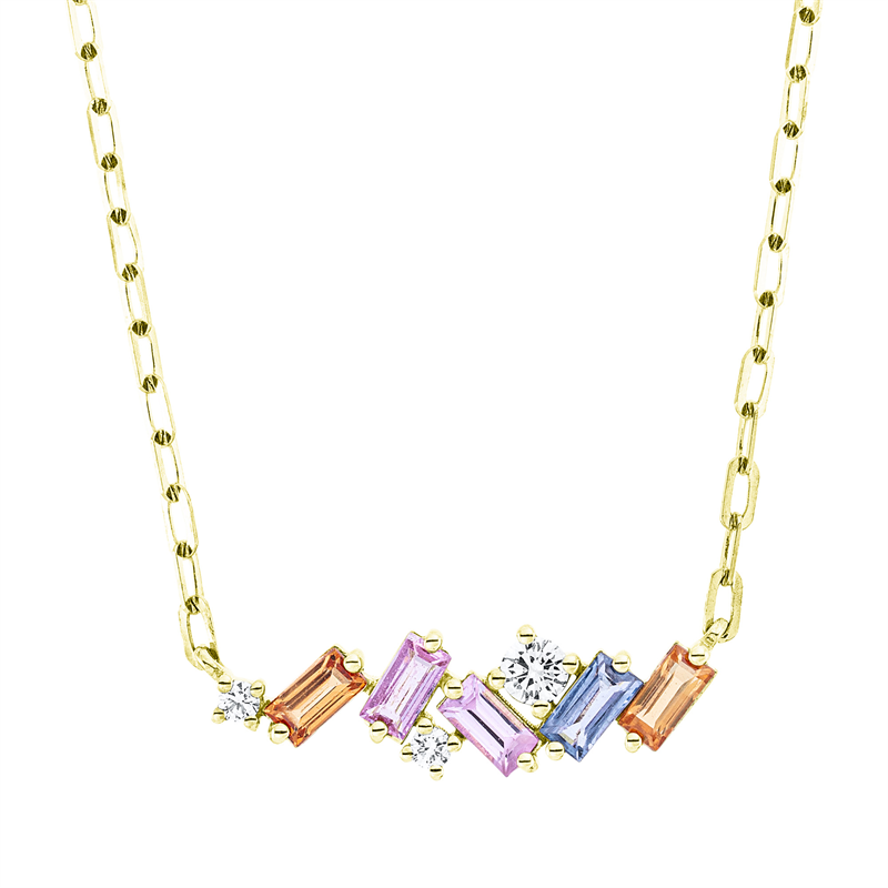 Collier 18 kt GG, mit ZÖ 40 cm, 3 Brill. 0,12 ct, TW-si, 5 Saphire 0,69 ct multicolor