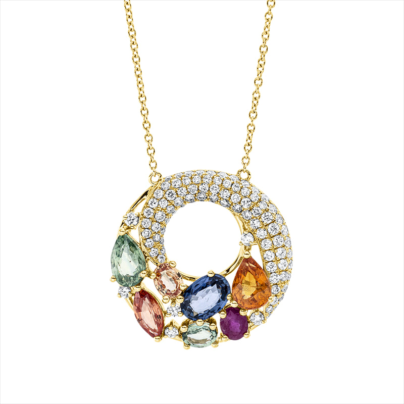 Collier 18 kt GG, mit ZÖ 43 cm, 6 Brill.0,08 ct, TW-si, 85 Brill.0,41 ct, TW-si, 7 Saphire 2,73 ct multicolor