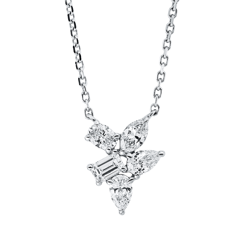 Collier 18 kt WG, mit ZÖ 40 cm + 43 cm, 3 Tropfen 0,41 ct, TW-si, 1 Nav. 0,14 ct, TW-si, 2 Brill. 0,19 ct, TW-si