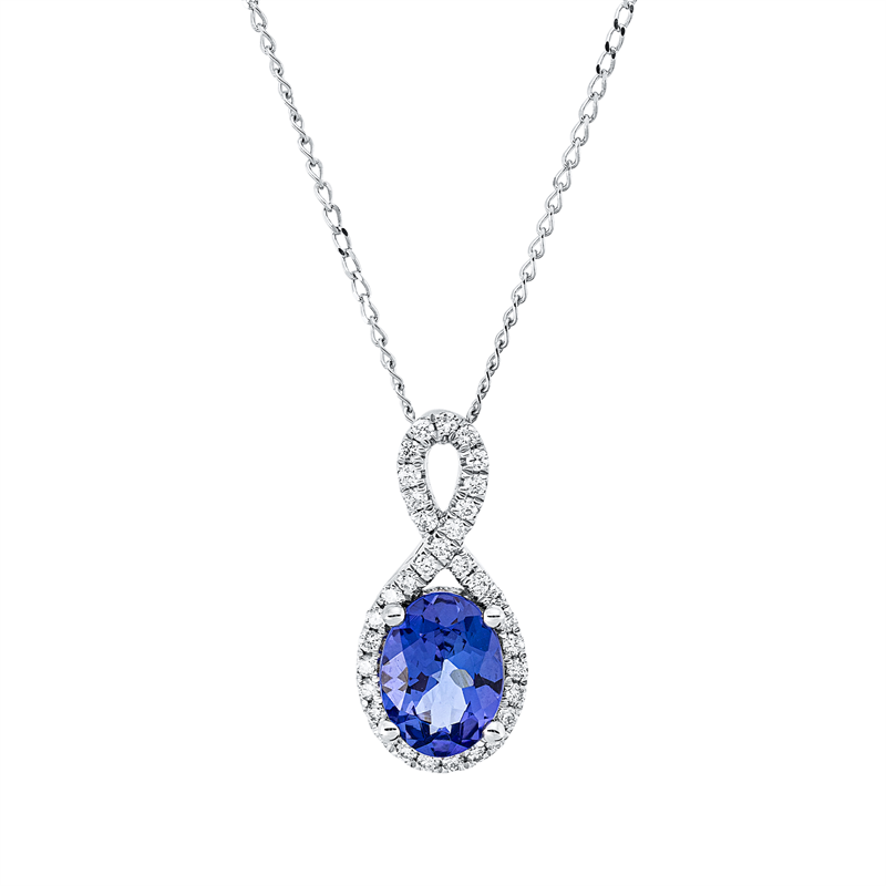 Collier 14 kt WG, mit ZÖ 40 cm + 43 cm, 34 Brill. 0,19 ct, TW-si, 1 Tansanit 1,34 ct blau