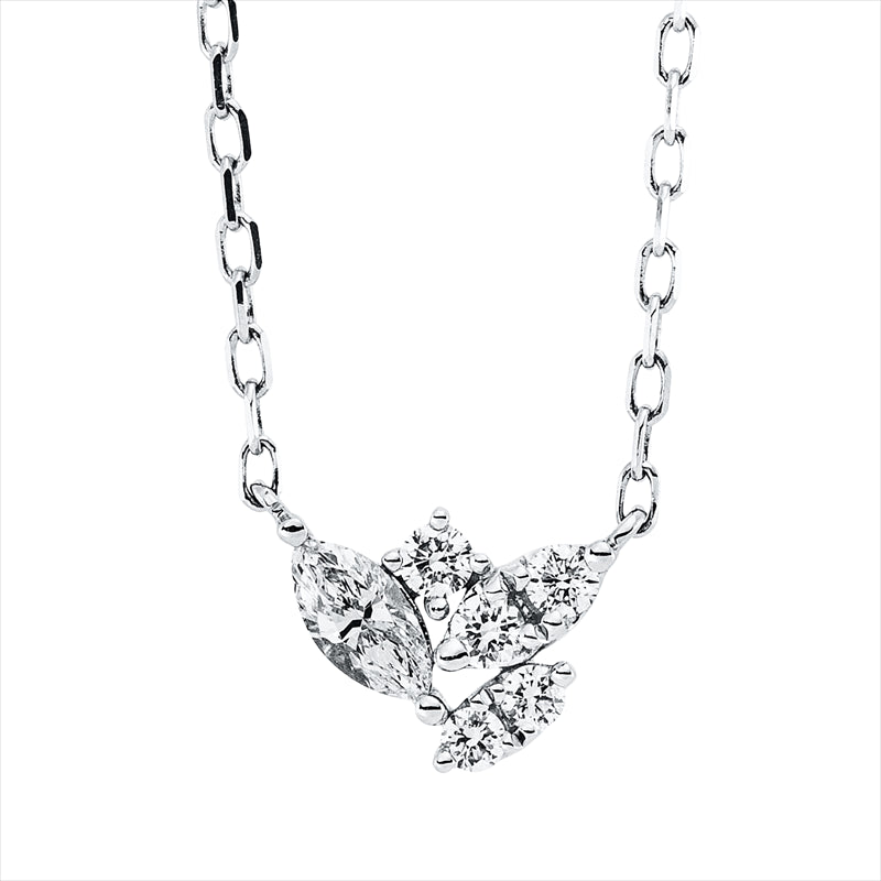 Collier 18 kt WG, mit ZÖ 40 cm + 43 cm, 1 Nav. 0,11 ct, TW-si, 5 Brill. 0,10 ct, TW-si