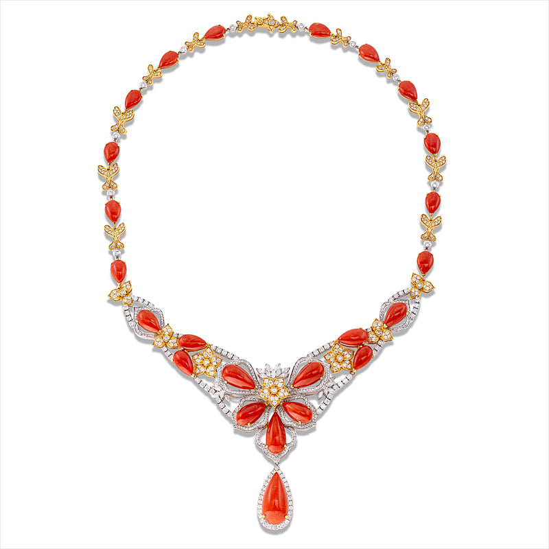 Collier 18 kt WG+GG, 19 Nav. 1,12 ct, W-vsi, 562 Brill. 7,33 ct, TW-si, 24 Korall 54,88 ct rot