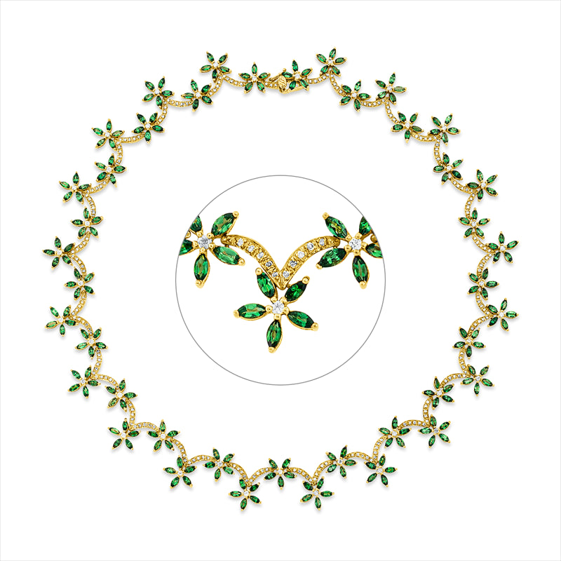 Collier 18 kt GG, 244 Brill. 1,90 ct, TW-pi, 205 Tsavorith 17,95 ct grün