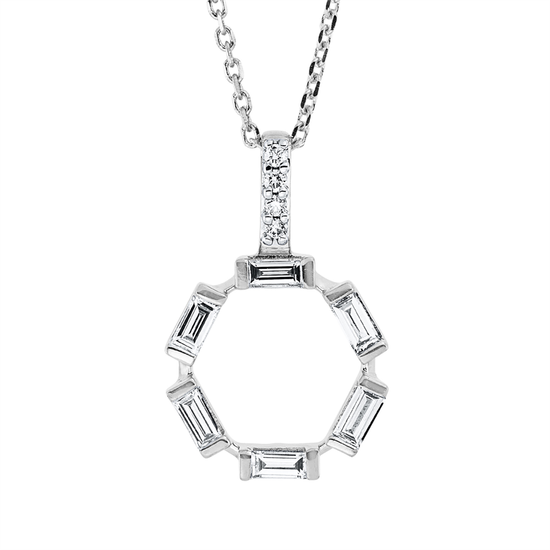 Collier 18 kt WG, mit ZÖ 42 cm, 6 Bag. 0,15 ct, TW-si, 4 Brill. 0,02 ct, TW-si