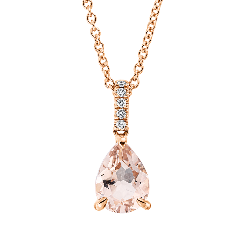 Collier 18 kt RG, mit ZÖ 42 cm, 5 Brill. 0,03 ct, TW-si, 1 Morganit 1,08 ct rosa
