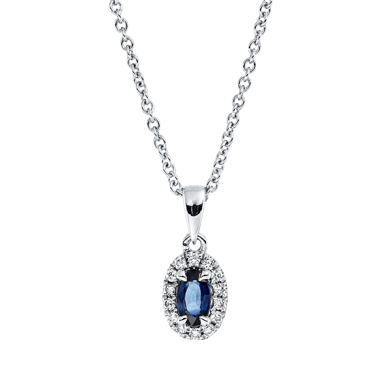 Collier 18 kt WG, mit ZÖ 42 cm, 14 Brill. 0,07 ct, TW-si, 1 Saphir 0,27 ct blau