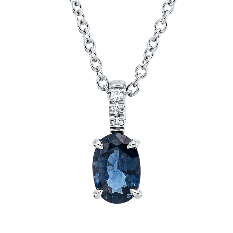 Collier 18 kt WG, mit ZÖ 42 cm, 3 Brill. 0,02 ct, TW-si, 1 Saphir 0,59 ct blau