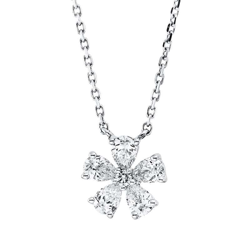 Collier 18 kt WG, mit ZÖ 40 cm, 5 Tropfen 0,31 ct, TW-si, 1 Brill. 0,01 ct, TW-si