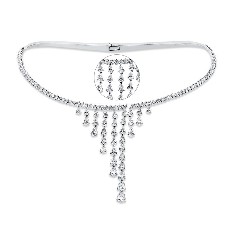 Collier 18 kt WG, 4 Tropfen 1,50 ct, 21 Tropfen 2,39 ct, 9 Tropfen 1,89 ct, 94 Nav. 3,72 ct, D/ F-vsi/si