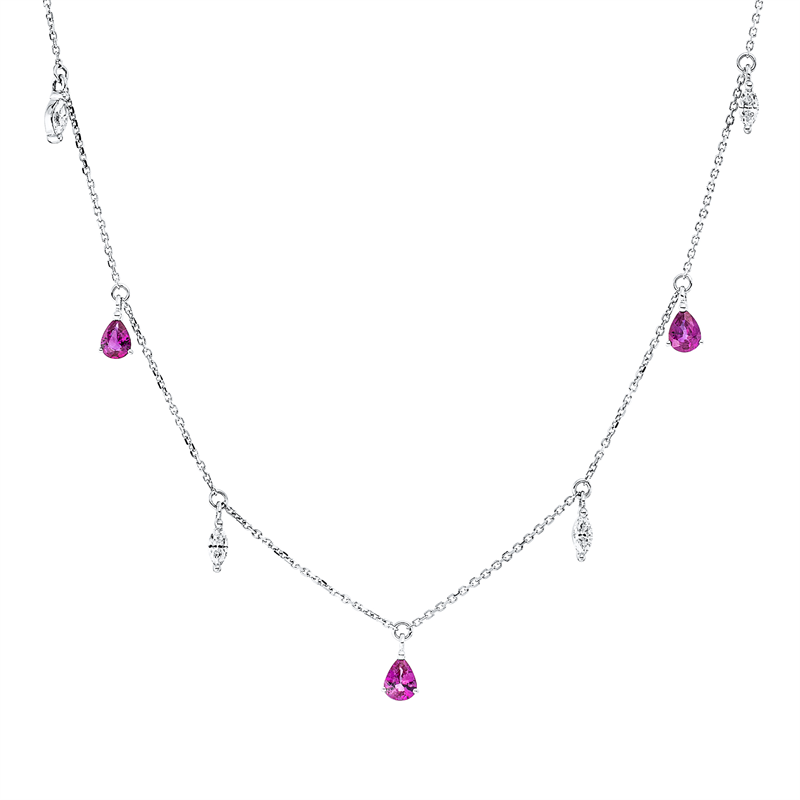 Collier 18 kt WG, mit ZÖ 42,43,44 cm, 4 Nav. 0,26 ct, TW-si, 5 Rubine 0,90 ct rot