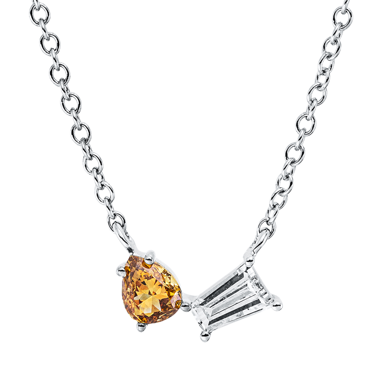 Collier 18 kt WG+GG, mit ZÖ 40 cm + 43 cm, 1 Trap. 0,14 ct, TW-si, 1 Tropfen 0,20 ct, gelb