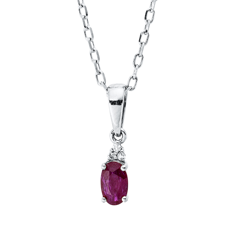 Collier 18 kt WG, mit ZÖ 42 cm, 3 Brill. 0,01 ct, TW-si, 1 Rubin 0,27 ct rot