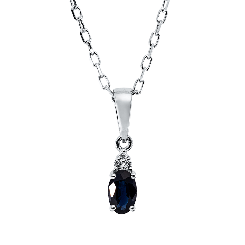 Collier 18 kt WG, mit ZÖ 42 cm, 3 Brill. 0,01 ct, TW-si, 1 Saphir 0,30 ct blau