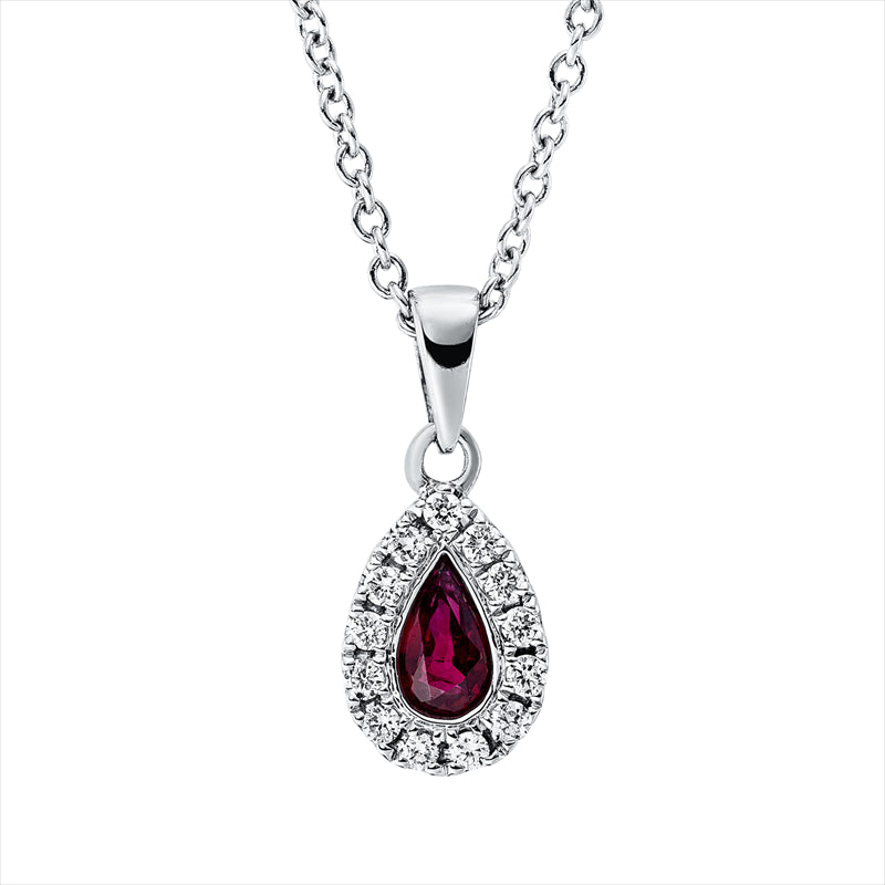Collier 18 kt WG, mit ZÖ 42 cm, 13 Brill. 0,08 ct, TW-si, 1 Rubin 0,24 ct rot