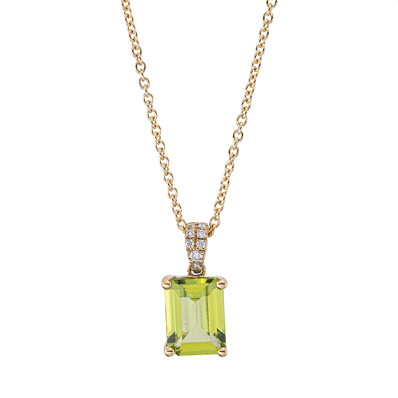 Collier 18 kt GG, mit ZÖ 42 cm, 8 Brill. 0,04 ct, TW-si, 1 Peridot 1,54 ct grün