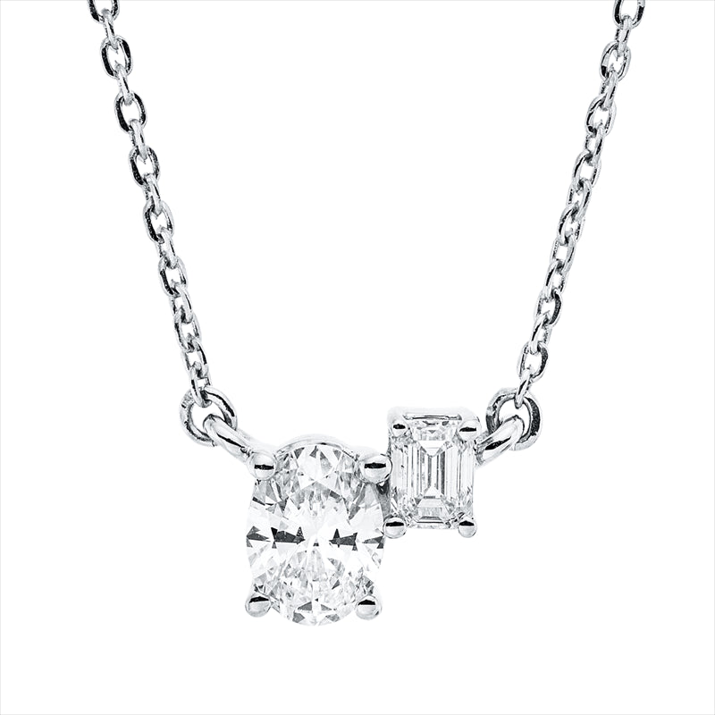 Collier 18 kt WG, mit ZÖ 40 cm + 43 cm, 1 Oval 0,29 ct, TW-si, 1 Sm.schliff 0,10 ct, TW-si
