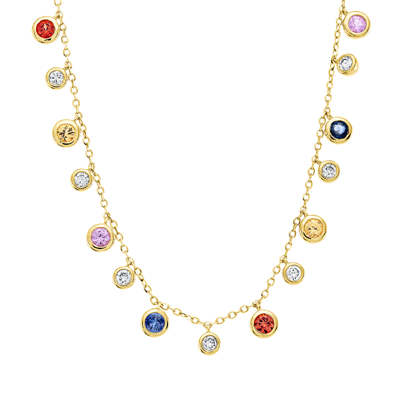 Collier 18 kt GG, mit ZÖ 40 cm + 43 cm, 11 Brill. 0,33 ct, TW-vsi/si, 12 Saphire 0,90 ct multicolor