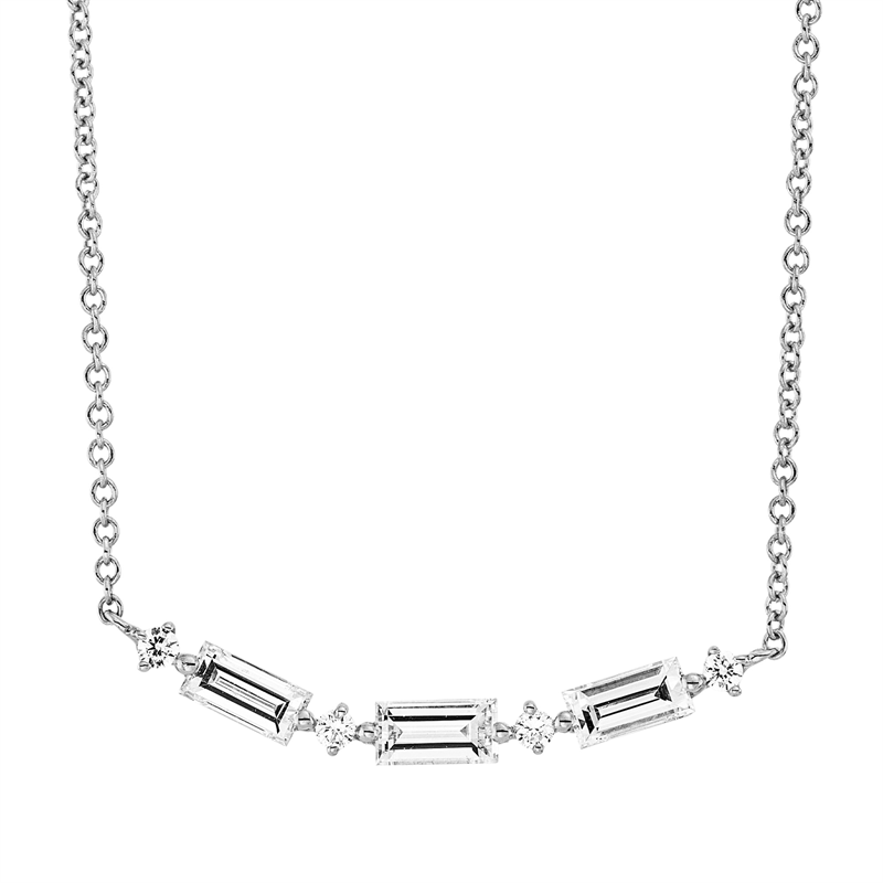 Collier 18 kt WG, mit ZÖ 40 cm + 43 cm, 3 Bag. 0,45 ct, TW-si, 4 Brill. 0,05 ct, TW-si
