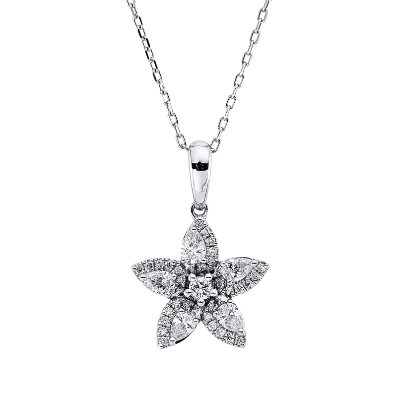 Collier 14 kt WG, mit ZÖ 40 cm + 43 cm, 5 Tropfen 0,45 ct, TW-si, 31 Brill. 0,19 ct, TW-pi