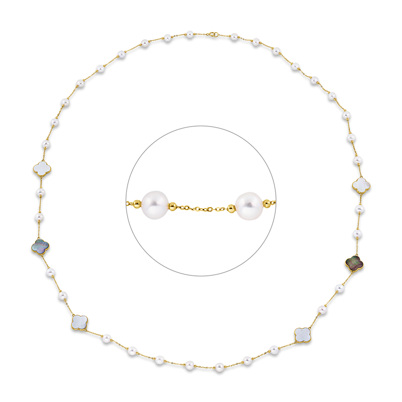 Collier 18 kt GG, 2 Perlmutt weiß, 2 Perlmutt multicolor, 2 Perlmutt schwarz, 33 ZP weiß 6 mm
