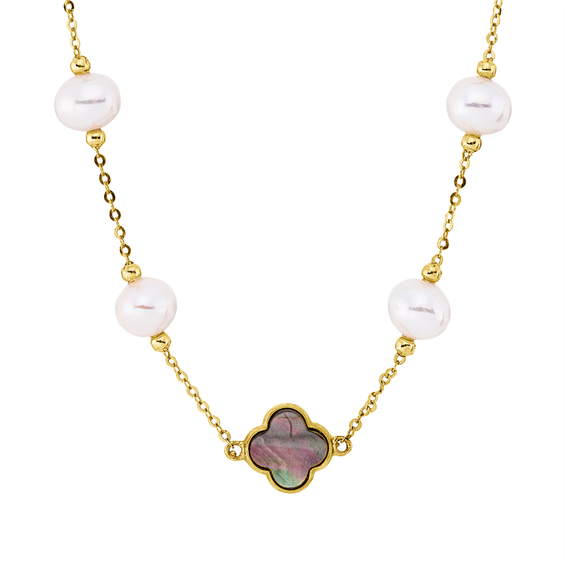 Collier 18 kt GG, mit Silikonverschluss bei 43 c, 3 Perlmutt multicolor, 8 ZP weiß 6 mm, 1 ZP weiß 4,5 mm