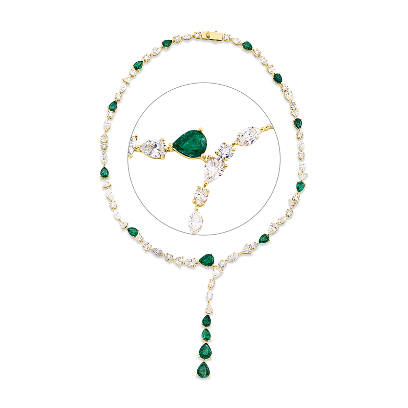 Collier 18 kt GG, 8 Tropfen 4,22 ct, gelb, 44 Fant-Schl. 12,68 ct, gelb, 15 Smaragde 11,57 ct grün