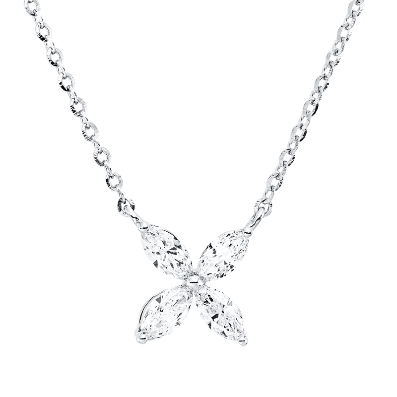 Collier 18 kt WG, mit ZÖ 40,6 cm, 4 Nav. 0,55 ct, TW-vsi