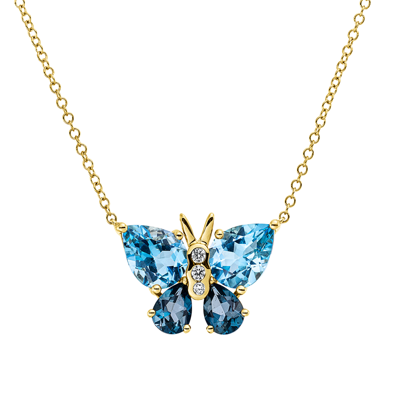 Collier 18 kt GG,ZÖ, 3 Br 0,05 ct, TW-si, 2 Topase 2,80 ct blau, 2 Topase 0,90 ct Lond. blue