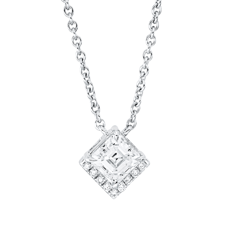 Collier 18 kt WG, 1 Assher 0,59 ct, TW-si, 9 Brill. 0,04 ct, TW-si