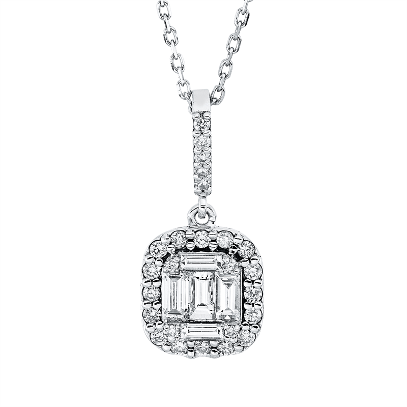 Collier 14 kt WG, 16 Brill. 0,17 ct, F-si, 2 Bag. 0,09 ct, F-vsi, 3 Bag. 0,33 ct, F-vsi, 9 Brill. 0,06 ct, F-si