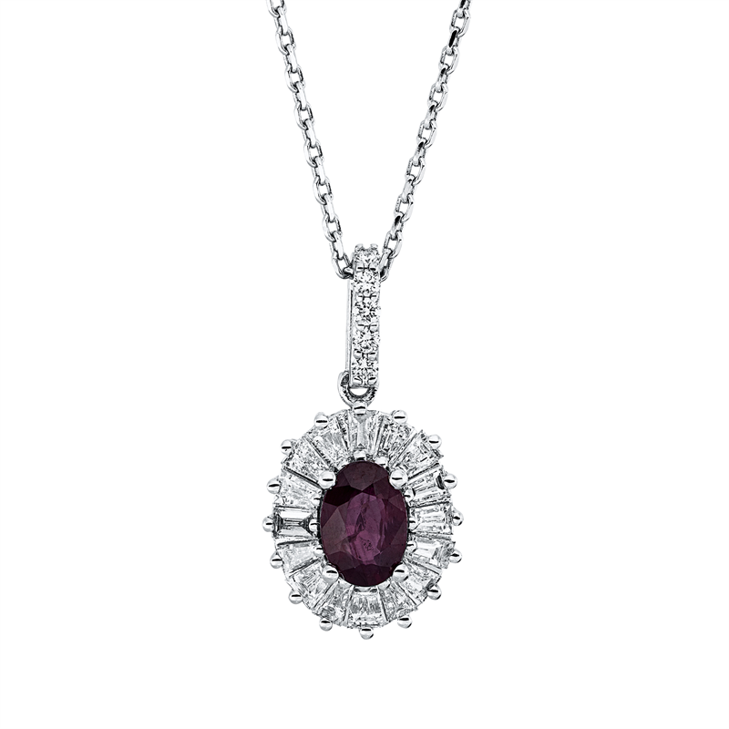 Collier 18 kt WG, 16 Trap. 0,44 ct, F-vsi, 5 Brill. 0,06 ct, F-si, 1 Rubin 0,58 ct rot