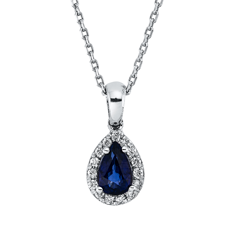 Collier 18 kt WG, mit Öse, 15 Brill. 0,09 ct, F-si, 1 Saphir 0,46 ct blau