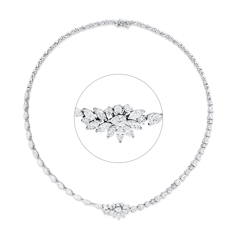 Collier 18 kt WG, 9 Nav. 0,88 ct, F-si, 6 Princ. 0,65 ct, F-si, 6 Princ. 0,92 ct, F-si, 7 Princ. 1,35 ct, F-si, 15 Nav. 2,93 ct, F-si, 19 Tropfen 2,92 ct, F-si, 10 Brill. 0,58 ct, F-si