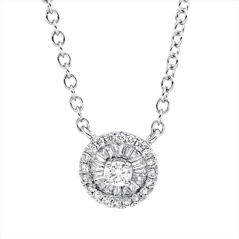 Collier 18 kt WG, mit ZÖ 39 cm, 16 Trap. 0,08 ct, F-si, 21 Brill. 0,12 ct, F-si