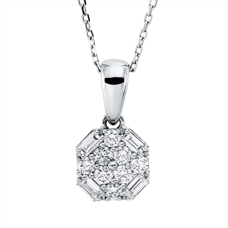 Collier 18 kt WG, mit ZÖ 45,7 cm + 48,2 cm, 4 Bag. 0,13 ct, TW-si, 8 Brill. 0,22 ct, TW-si