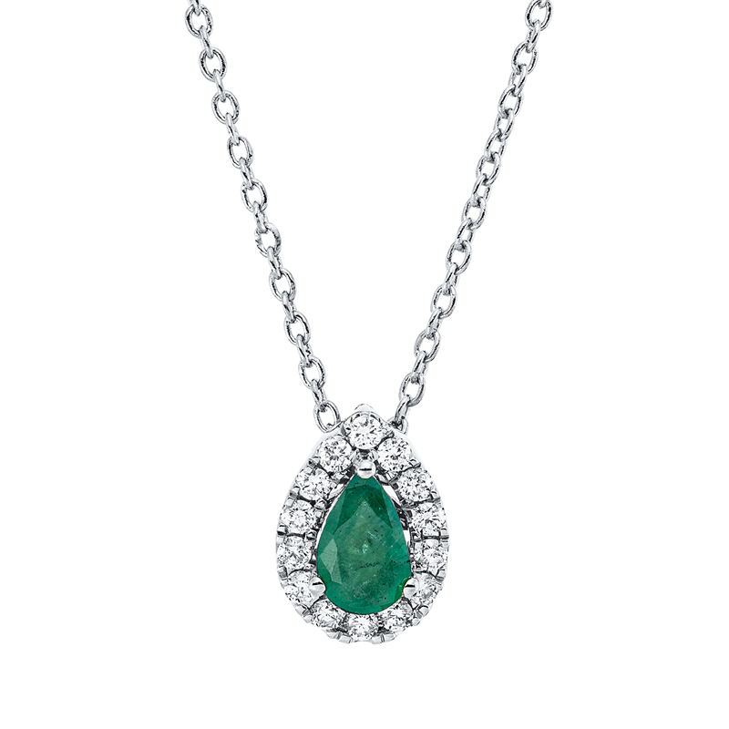 Collier 18 kt WG, mit ZÖ 42 cm, 14 Brill. 0,10 ct, TW-si, 1 Smaragd 0,20 ct grün