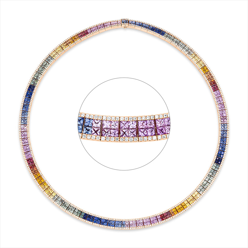 Collier 18 kt RG, 724 Brill. 3,95 ct, TW-si, 362 Saphire 28,00 ct fancy