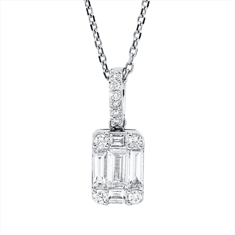 Collier 18 kt WG, mit ZÖ 40 cm + 43 cm, 4 Brill. 0,07 ct, TW-si, 5 Bag. 0,44 ct, TW-si, 6 Brill. 0,04 ct, TW-si