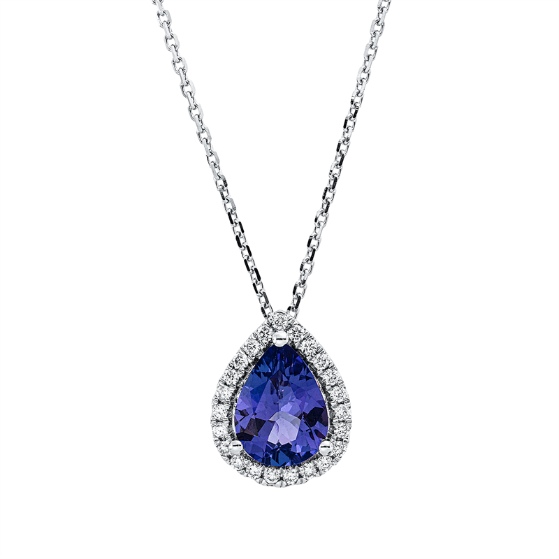 Collier 18 kt WG, mit ZÖ 40 cm + 43 cm, 23 Brill. 0,15 ct, TW-si, 1 Tansanit 1,36 ct blau